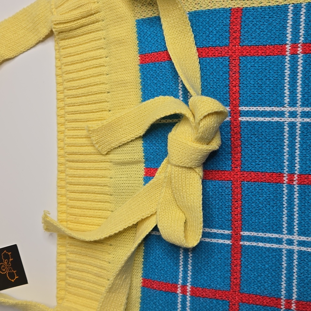 Women Knitting Shoulder Bag Contrast Color Checked Blue Yellow Coral NWT - Picture 2 of 8